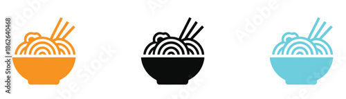 Minimal food icon set featuring various noodle bowl designs. Colorful noodle bowl icons for culinary designs.
