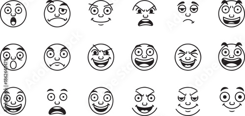 Set of Round Cartoon Face Expressions featuring Diverse Human Emotions, Simple Line Art Emoticons and Funny Character Avatars