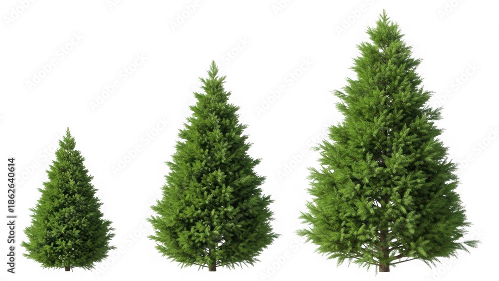 Obraz premium Three pine trees of different sizes isolated on transparent background