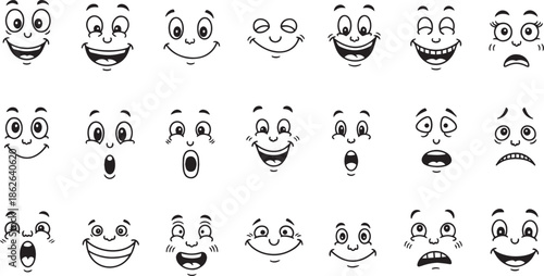 Set of Cartoon Face Expressions featuring Funny Emoticons, Diverse Mouth and Eye Emotions and Hand-Drawn Comic Character Elements