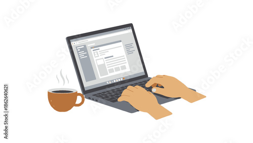 Hands typing on laptop with coffee cup nearby.