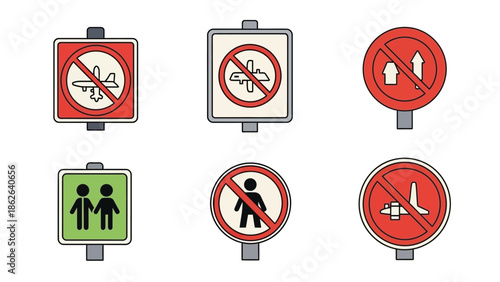 Collection of six vector illustrations depicting various prohibition and informational traffic signs prohibiting aircraft movement and pedestrian access in different styles