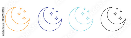Vector illustration of a golden yellow crescent moon decorated with four sparkling stars.