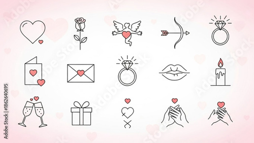 Romantic Icon Set with Heart Rose Ring Gift Vector