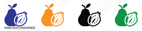 Flat style fruit icons set: pear and guava vector illustrations.