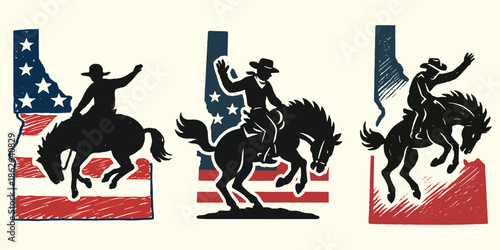 Idaho Rodeo Cowboy Vintage Grunge Illustration Set