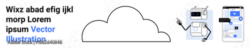 Cloud computing, AI technology, digital services, data storage, automation, innovative design. Visual of a cloud shape and robot interacting with digital tools. Cloud computing and AI technology