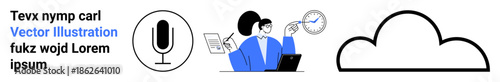 Digital communication, productivity tools, cloud computing, remote work, technology concepts, time management. Microphone icon, cloud graphic person managing tasks. Digital communication