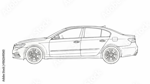 Detailed Line Art of a Modern Sedan Car.