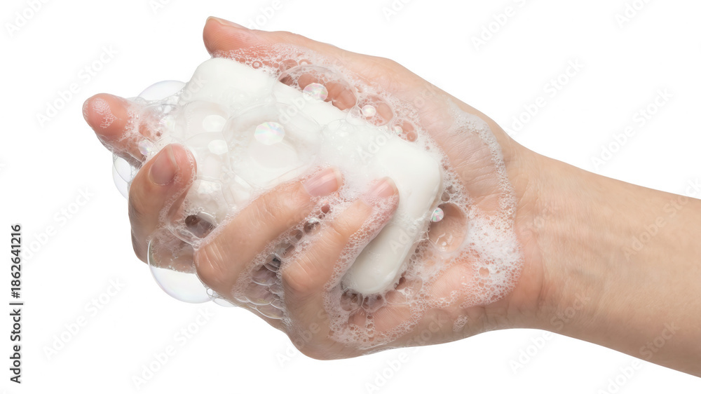 Fototapeta premium Hand Holding Soap Bar with Bubbles