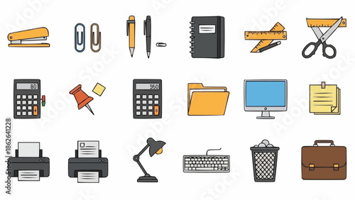 Office Supplies and Stationery Icons - A Comprehensive Collection.