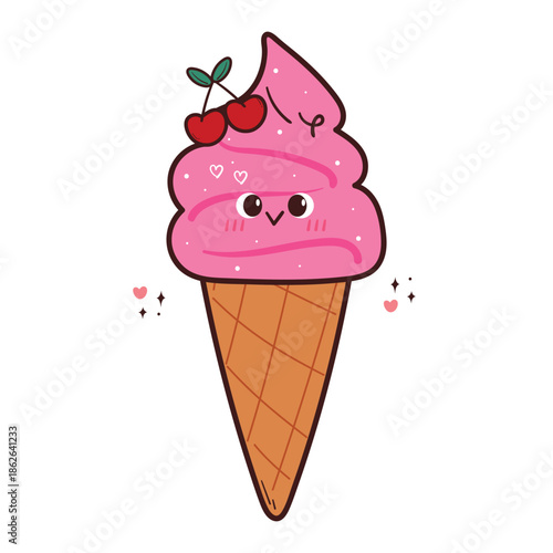 cute drawing cartoon pink ice cream character with cherry on top for sticker and icon