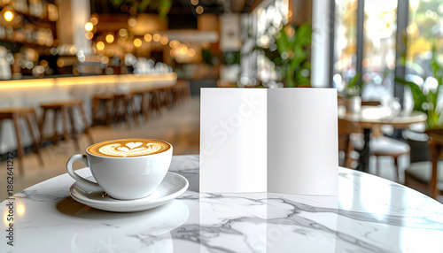Coffee cup on marble table in modern cafe interior with blurred background