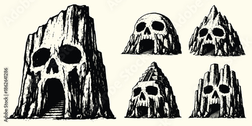 Skull Cave Vector Set: Hand-Drawn Dungeon Entrances