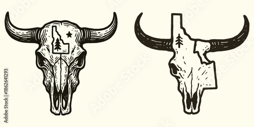 Vintage Engraved Bull Skull with Idaho State Map Outline Vector Illustration