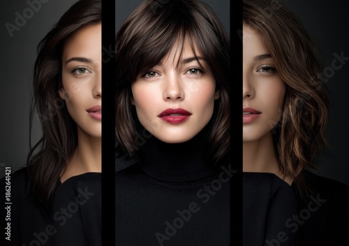 Studio portrait of three beautiful women with different hair and makeup styles, each wearing a different black blouse or turtleneck, against a dark background.
