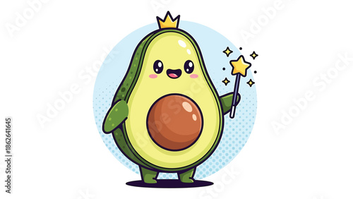 Adorable Avocado King with Magic Wand Cartoon Illustration.