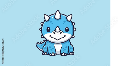 Adorable Blue Triceratops Cartoon Character with Spikes and Horns.
