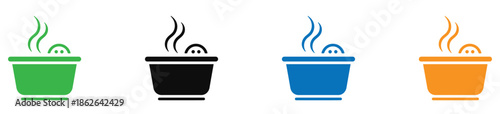 Four Black Paw Print Icons In Different Styles On White animal. Colorful footprints in circles for business or health concepts. Colorful steaming bowls in green, black, blue, and orange.