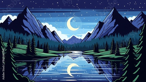 Night mountain landscape with serene lake.