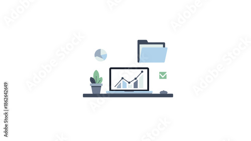 Laptop displaying financial growth chart with office supplies and plant.