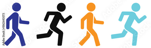 Four running stick figures holding flags in different colors and styles,Simple Black and White Tour Guide Icons with Flags Vector Design