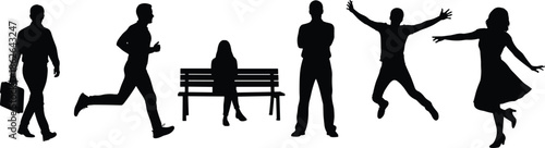 Black silhouettes of people, walking, running, sitting, standing, jumping, dancing poses, human activity illustration, motion and posture design
