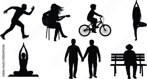 Black silhouettes of people, running, playing guitar, cycling, yoga poses, meditation, walking together, sitting alone, daily life illustration