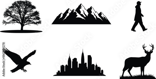Black silhouettes of tree, mountain, person, bird, city skyline, deer, nature and urban elements, wildlife and human activity illustration