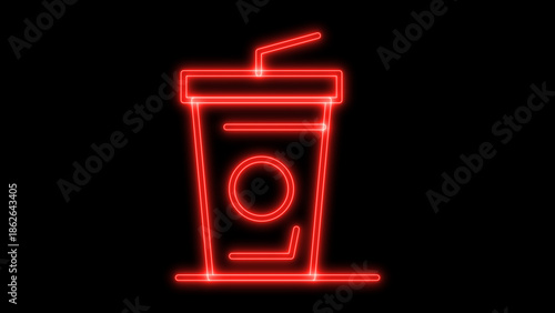 Obraz na plátně Colorful red neon glowing soda cup icon with a straw, representing popular fast food beverages and refreshing soft drinks, isolated on black background