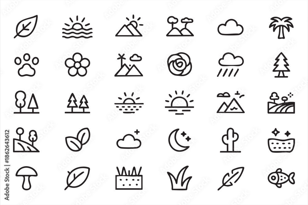 Fototapeta premium Nature and Landscape Icons with Weather, Mountains, Plants and Outdoor Symbols
