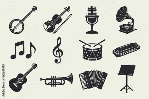 Vintage Distressed Musical Instruments and Icons Set, Perfect for Audio Design