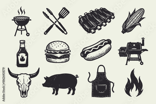Hand Drawn Barbecue and Grilling Icons Set. Vintage BBQ, Meat, and Tools Collection.