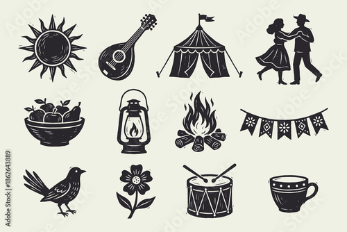 Rustic Woodcut Icons Set: Summer Camp, Folk Festival, Nature, Music, and Outdoor Elements Collection