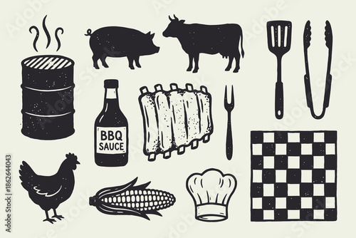 Vintage BBQ and Grilling Icons Set: Meats, Utensils, Sauce, and Grill Elements
