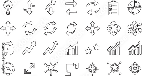 Hand-Drawn Business Icon Set Featuring Financial Growth Charts, Directional Arrows, Idea Lightbulb and Productivity Symbols