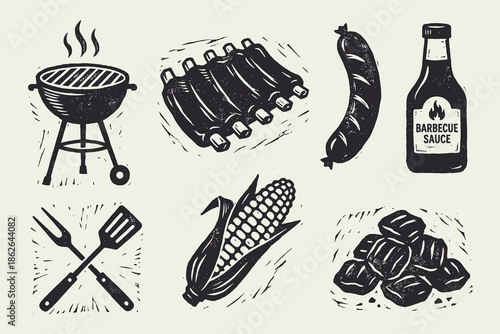 Vintage Barbecue Grill Essentials Set. BBQ Food Icons in Woodcut Style.