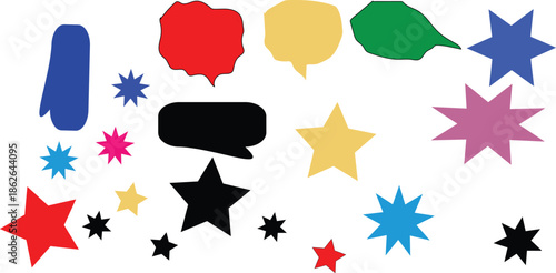 Set of shiny yellow star icons and vector shapes designed as glossy web buttons, labels, and speech bubble stickers for a colorful sign element illustration