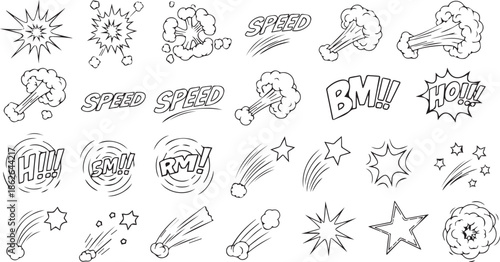Hand-Drawn Comic Action Element Set with Explosions, Speed Lines, Motion Clouds and Pop Art Sound Effects