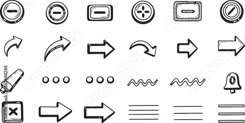 Hand-Drawn Vector Icon Set Featuring Directional Arrows, UI Buttons, Menu Lines and Creative Navigation Symbols