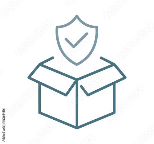 Package protection icon. Secure delivery concept. Shipping insurance and safe logistics symbol. Cargo safety and guaranteed transport vector pictogram. Box and shield emblem.