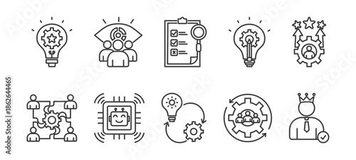 Innovation icon set collection in outline style. Icon pack contain Inspiration, vision, analysis, creativity, development, teamwork,technology, invention,change, success 