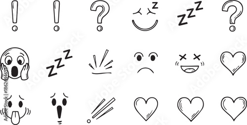 Hand-Drawn Emoji and Expression Icon Set with Sad, Surprised and Happy Faces, Hearts and Punctuation Symbols
