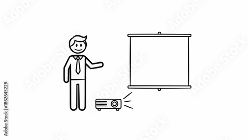 Presentation Setup - Stick Figure Presenter with Projector and Screen.