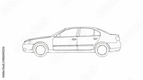 Detailed Line Art Illustration of a Sedan Car.