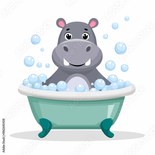 hippo relaxing in bathtub with bubbles