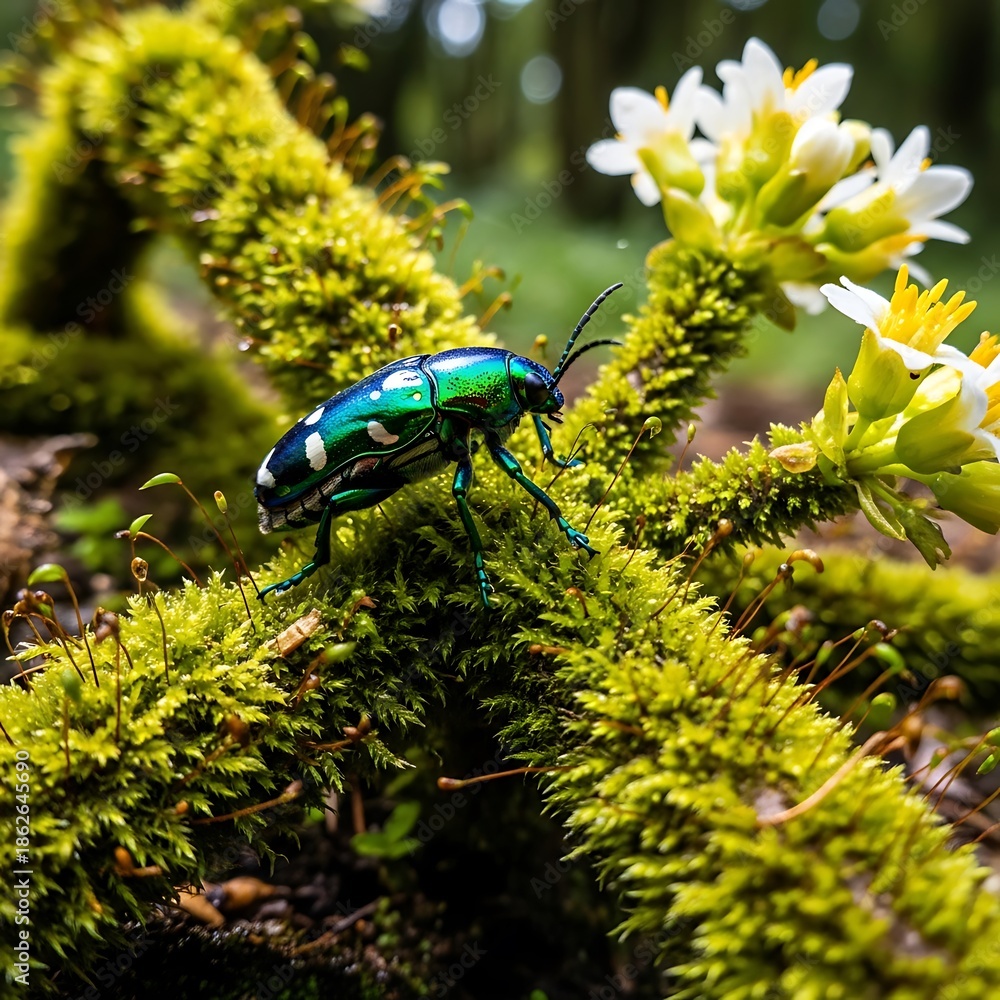 Fototapeta premium Vibrant Emerald Beetle Perched on Mossy Branch Amidst Delicate White Flowers.