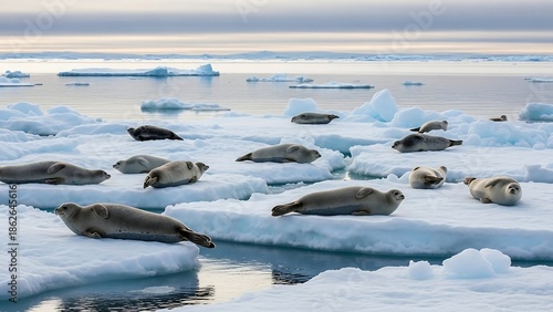 seals on ice floes in Arctic waters.