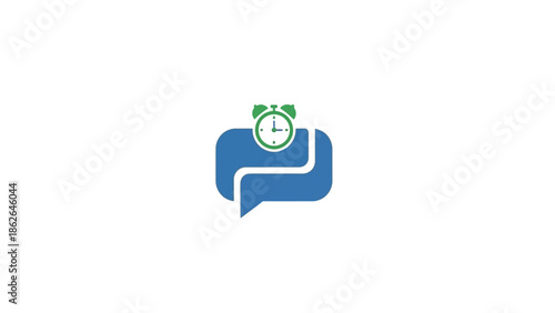 Blue speech bubble with alarm clock icon on top symbolizing time management and communication.
