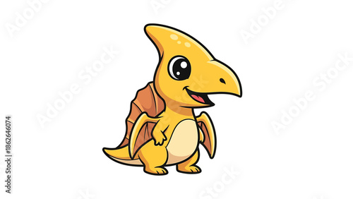 Adorable Cartoon Pterodactyl Dinosaur Character Illustration on White Background.